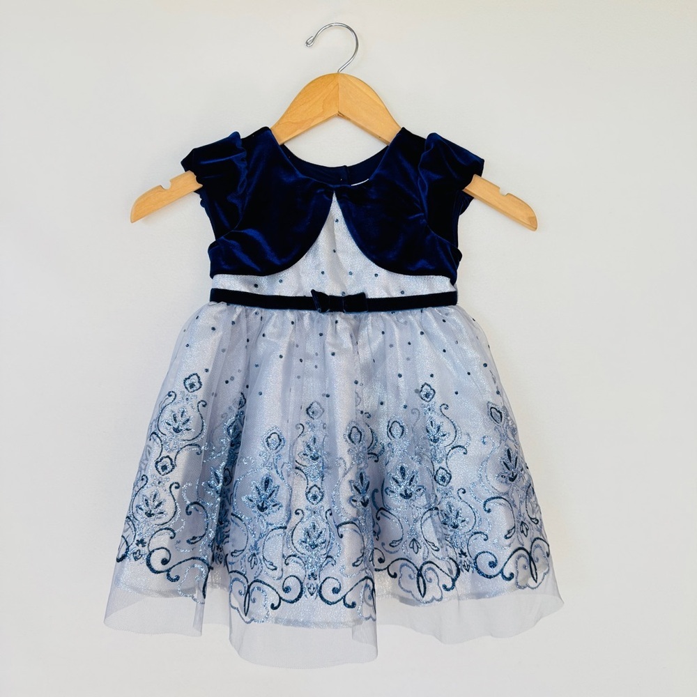 Jona Michelle Girls Princess Dress Size 24M 2T Blue Silver Velvet Shimmer Casual
